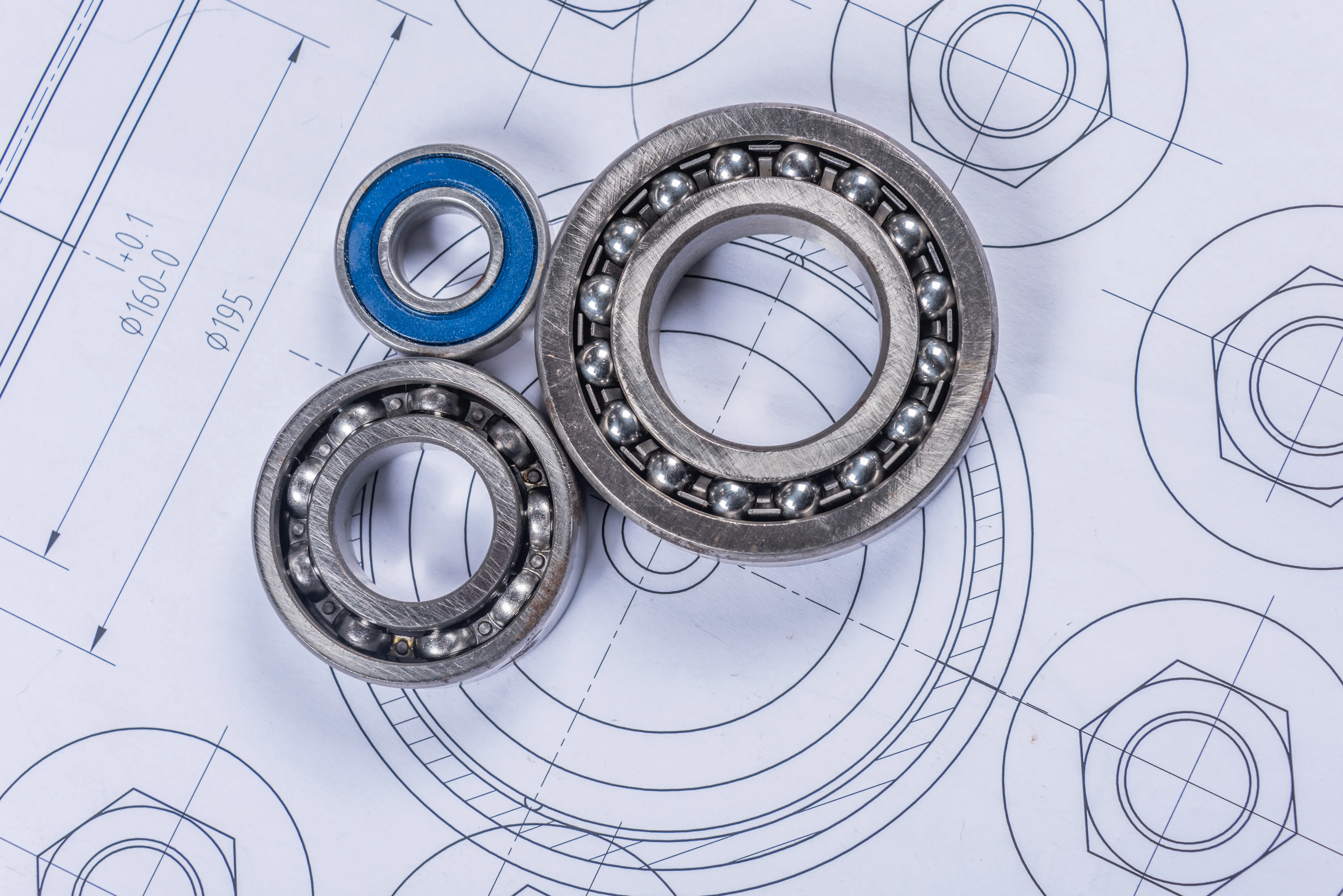 Precision ball bearings on engineering technical drawing