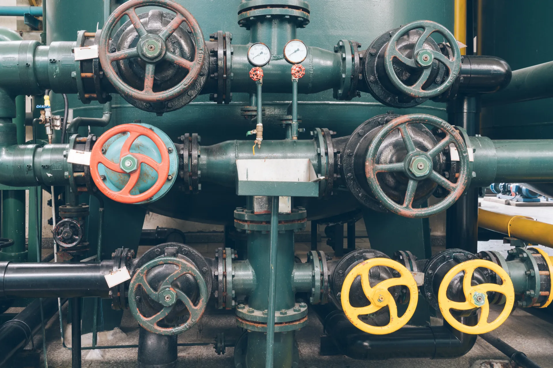 Steel pipelines and cable systems inside an industrial plant